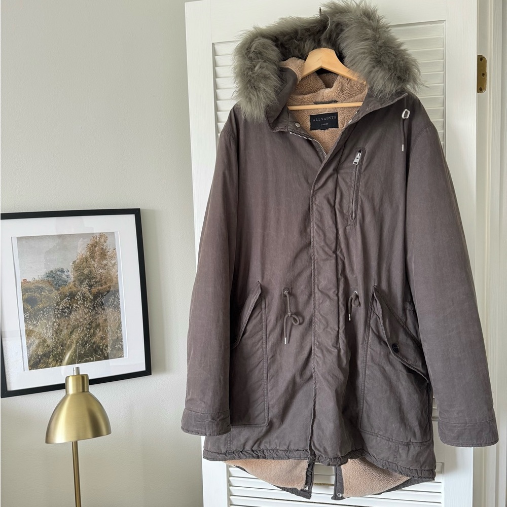 Men’s ALLSAINTS “Coln” Fleece Lined Waxed Parka w Faux Fur Hood Jacket Coat LG